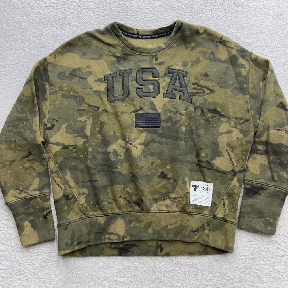 Under Armour Project Rock USA Camo Sweatshirt Womens Small Green Fleece Pullover